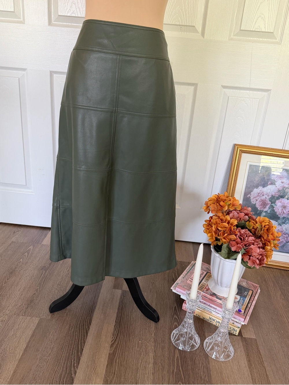 CAbi Dark Olive Faux Leather Midi Skirt